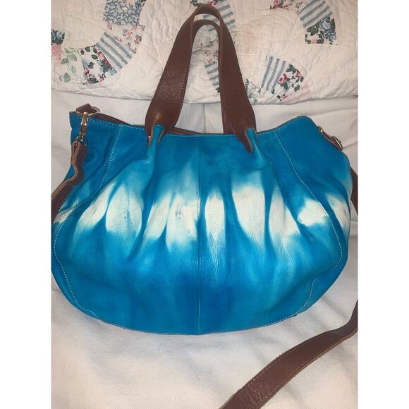 NEW LARGE SOFT TIE DYE LEATHER SHOULDER CROSSBODY BAG TOTE TURQUOISE - Picture 3 of 8